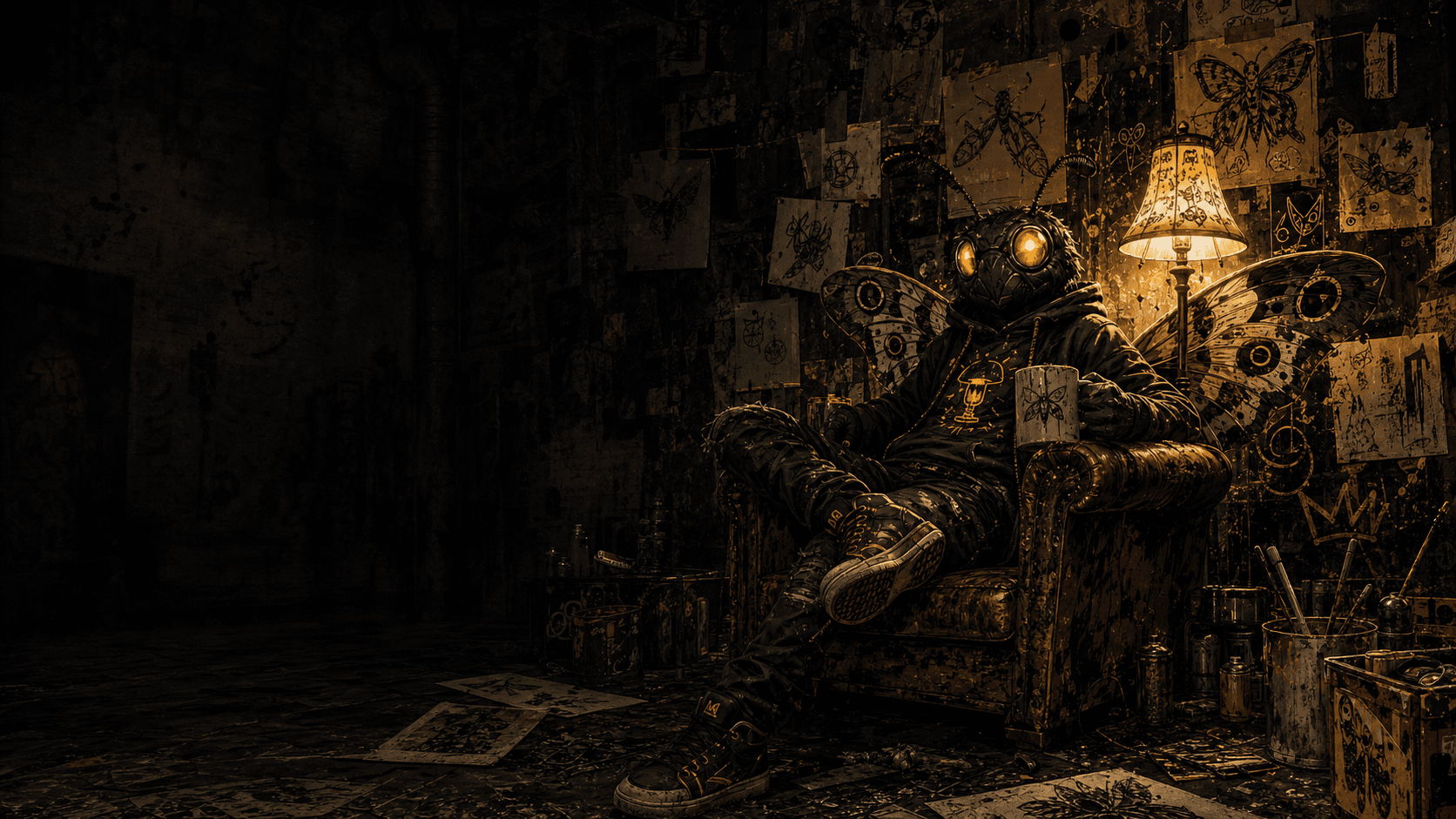 A Lampworks moth artist relaxing in a chaotic lamp studio
